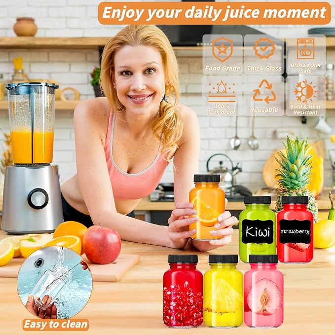 35 Pack 4 oz Glass Shot Bottles with Lids Small Clear Glass Jar for Ginger Wellness Shot Mini Juice Bottle Reusable Wide Mouth Travel Cup & 36 Labels,2 funnels,1 brush for Juice Milk Potion Liquids