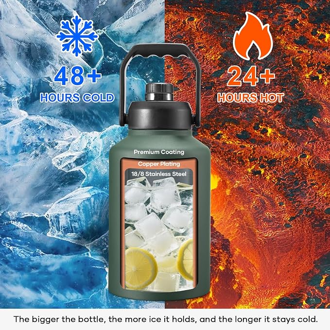 BUZIO 1 Gallon Water Jug Insulated, Stainless Steel Bottle With Large Handle & Spout Lid, 3.58" Big Wide Mouth BPA-Free Leakproof Metal Water Flask For Camping, Adventure, Sports, Green