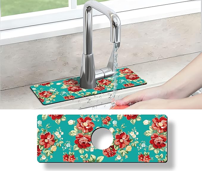 Kitchen Sink Splash Guard Faucet Mat Super Absorbent Fast Drying Mat Sink Gadgets Splash Guard Behind Faucet Drip Catcher for Kitchen (Boho Flowers, 15x5.5in)