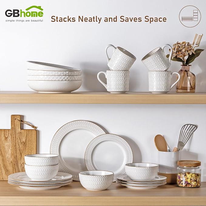 GBHOME Ceramic Dinnerware Sets,12 pcs Embossed Elegant Stoneware Plates and Bowls Sets, Housewarming Wedding Gift | Dishwasher & Microwave Safe | Dishes Set Service for 6
