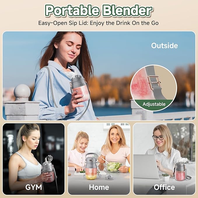 Portable Blender, Prasky Personal Blenders for Shakes and Smoothies with 27oz Cup, Lid and Shoulder Strap, Type-C USB Rechargeable, Personal Size Blenders BPA-free for Travel/Kitchen (Gray)
