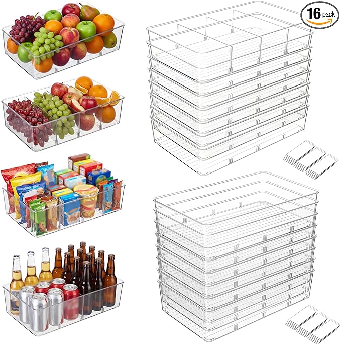 Mifoci 16 Pcs Snack Pantry Organizer and Storage - Clear Plastic Storage Bins for Pantry Shelf with 3 Divider Stackable Plastic Containers Box with Handle for Kitchen Cabinet Fridge Closet Bathroom