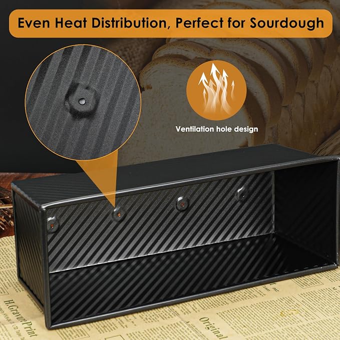 2-Pack Black 13inch Pullman Loaf Pan with Lid, Premium Aluminized Steel Non-Stick Coating Bread Pan, PFTE and PFOA-Free, Safe and Healthy Baking for Homemade Bread with Family-sized