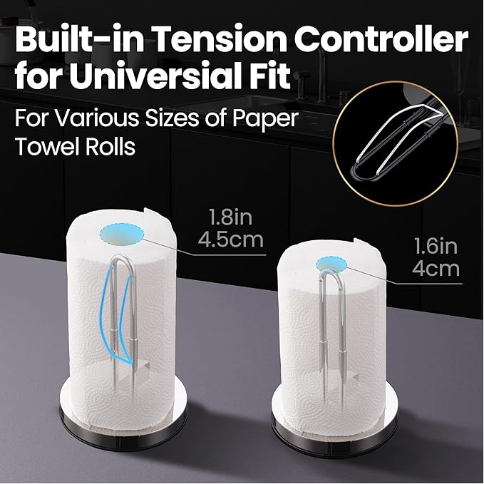 Single Hand Tear Paper Towel Holder, Anti-Slip Kitchen Towels Stand, Adjustable for Various Roll Sizes, Super Space Saver Foldable Stainless Steel Hand Towel Holder, Heavy Duty with 5-Year Warranty