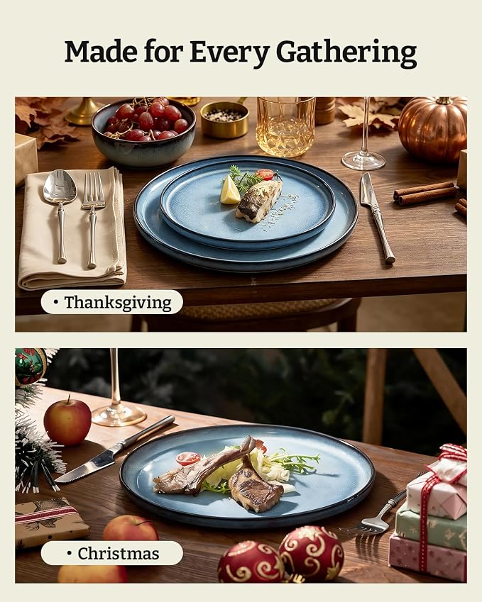 Famiware Milkyway Stoneware Dinnerware Set, 16-Piece, Including Pasta Bowl, Double Reactive Glaze, Plates and Bowls, Service for 4, Microwave and Dishwasher Safe, Scratch-Resistant, Dusty Blue