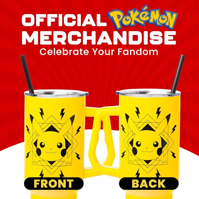 Silver Buffalo Pokémon Featuring Pikachu Lightning Double Walled Stainless Steel Tumbler with Handle, Fits in Standard Cup Holder, 40 Ounces