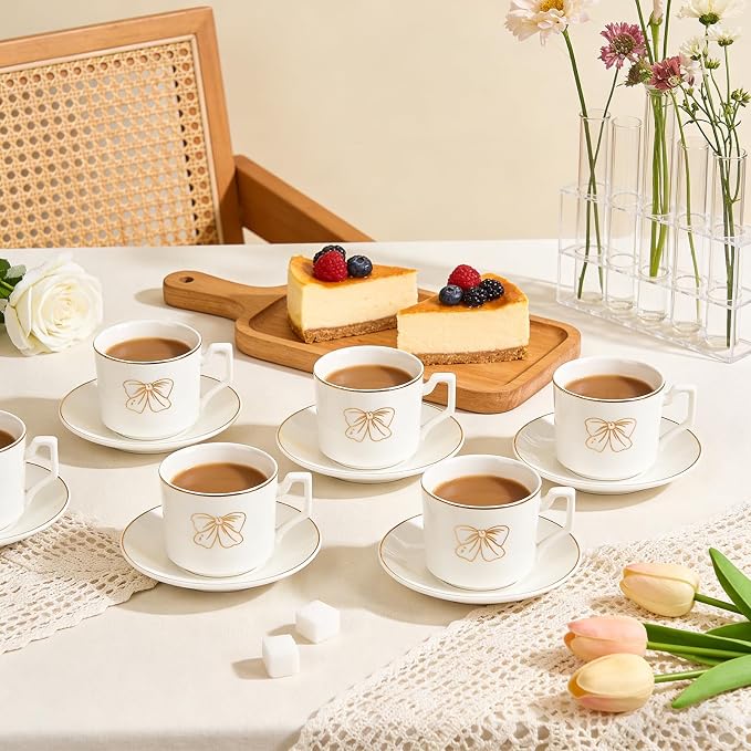 ALIMOTA 3.5oz Ceramic Coffee Espresso Cup with Saucers Set, Elegant Bow Deco Coffee Cup Gift for Cappuccino, Tea, Espresso, Latte, Coffee, Cafe Mocha, Set of 6, White