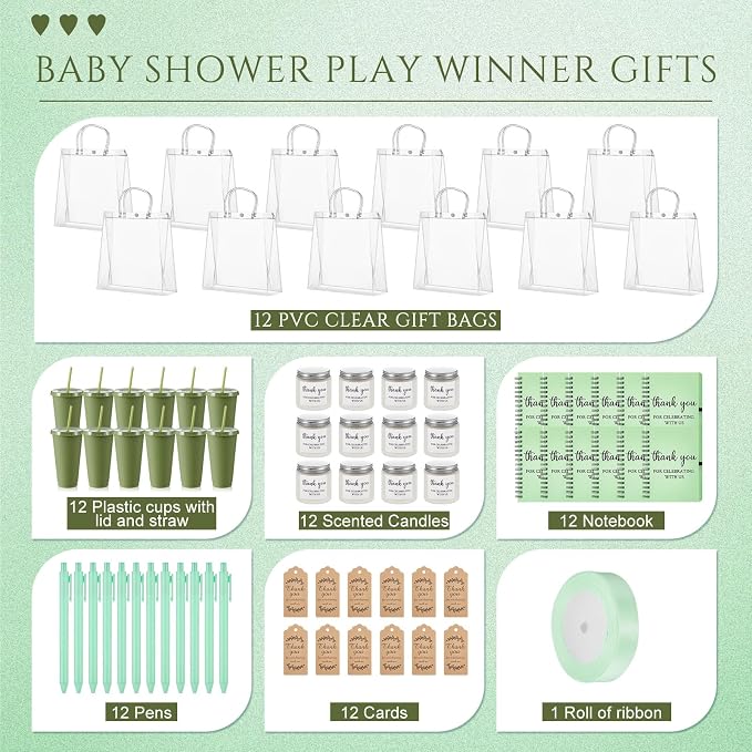 Nuogo 12 Sets New Parent Shower Prizes for Player Winners Adult, Wedding Bridal Shower Gift, Plastic Tumbler Notebook Scented Candle Ballpoint Pen Bag (Green Color,Classic Style)