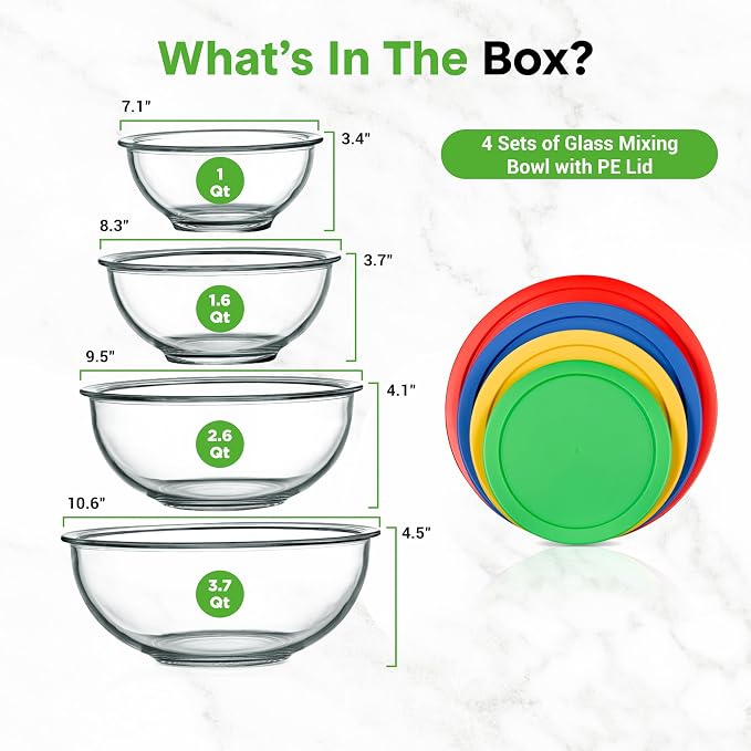 NutriChef 4‑Piece Glass Mixing Bowls with Lids – Premium Borosilicate Glass Bowl Set (1 QT‑3.7 QT) – Non‑Toxic Bowls with Airtight Lids for Mixing, Baking, Serving & Storage