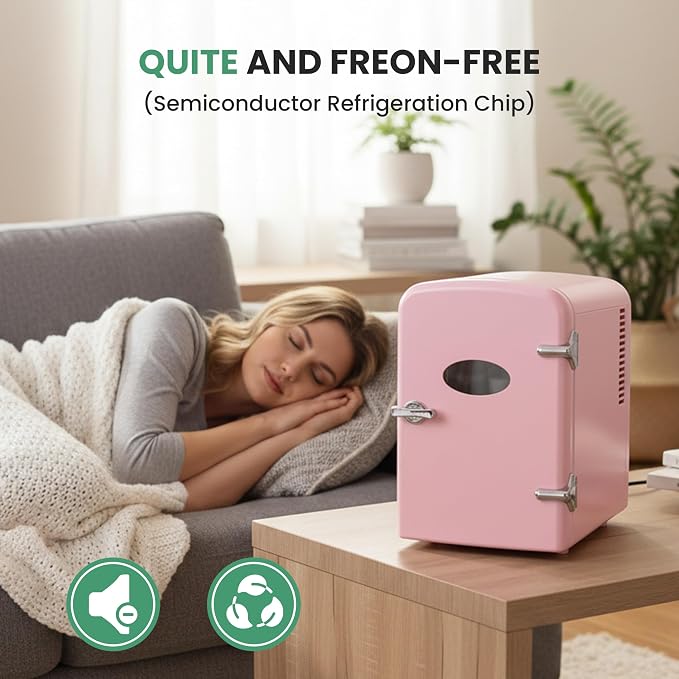 Simple Deluxe 6L/9 Can Mini Fridge with Observation Window, Portable Cooler & Warmer Freon-Free Small Refrigerator, Compact for Skincare, Beverage, Food, Cosmetics, Pink