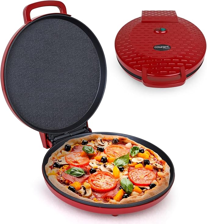 Courant Pizza Maker 12 inch Pizzas Machine, Newly improved Cool-touch Handle Non-Stick plates Pizza oven & CalzoneMaker, Electric Countertop Oven for Home or School, 12” Indoor Grill/Griddle, Red
