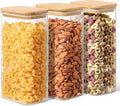 ComSaf 1.8Qt Rectangular Glass Food Storage Containers with Lids, 3-Piece Airtight Cereal Containers Storage, Glass Jars with Bamboo Lids, Space Saving Pantry Organizers for Flour, Pasta, Nut & Coffee