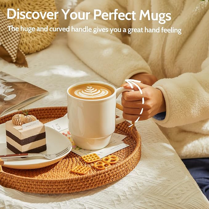 Sweese 21 Oz Large Mug Set, Porcelain Stackable Mugs Sets of 6, Coffee Cups with Handle for Coffee, Tea and Mulled Drinks, White