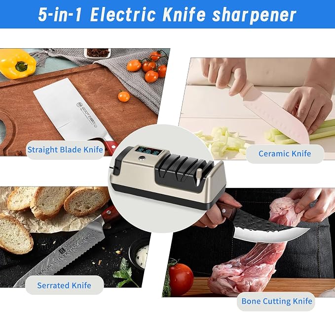 5-in-1 Electric Knife Sharpener for Kitchen Knives, Scissor Sharpener with 3-Speed & 100% Diamond Abrasives -Quickly Sharpening for Straight, Serrated, Cleaver Knives, Kitchen Gifts for Mom