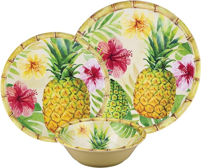 UPware 12 Piece Pineapple Melamine Dinnerware Sets, Outdoor Dishes Set, Plates and Bowls Sets, Service for 4, Multicolor