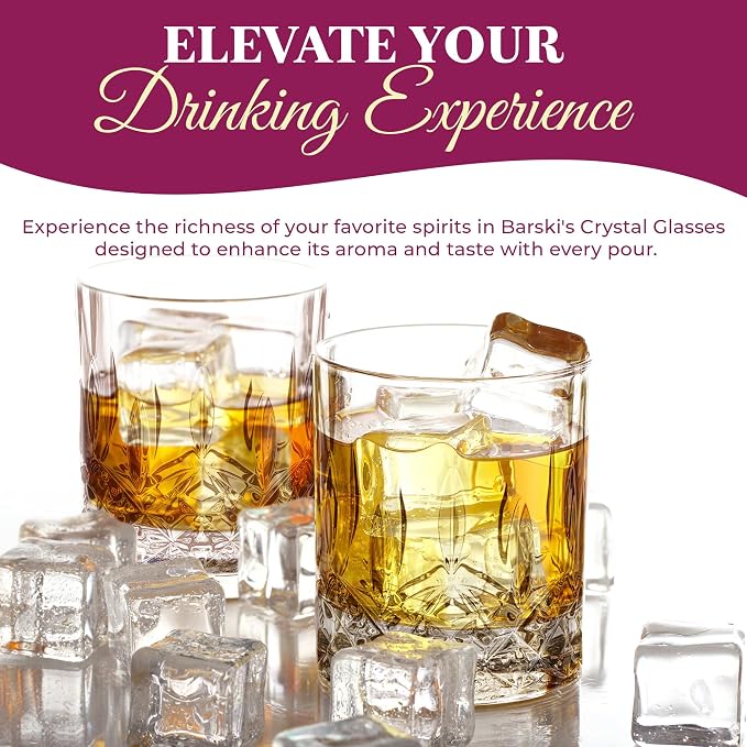 Barski Whiskey Glasses - Double Old Fashioned Rocks Glass - Set of 4 Lowball Tumbler - DOF Crystal Glass Tumblers - For Scotch - Bourbon - Water - Beverage - Drinking Glasses - 10.5 oz, Made in Europe