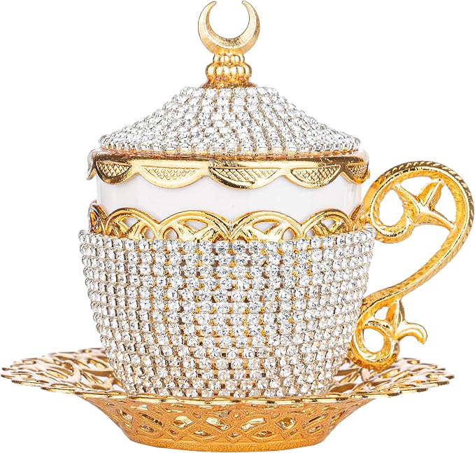 Alisveristime Turkish Coffee Cup Set - Authentic Turkish Greek Arabic Coffee Espresso Cup with Saucer (Enhance Your Coffee Experience Now!) (1 Pc) (Crystal Gelincik Design) (Gold)