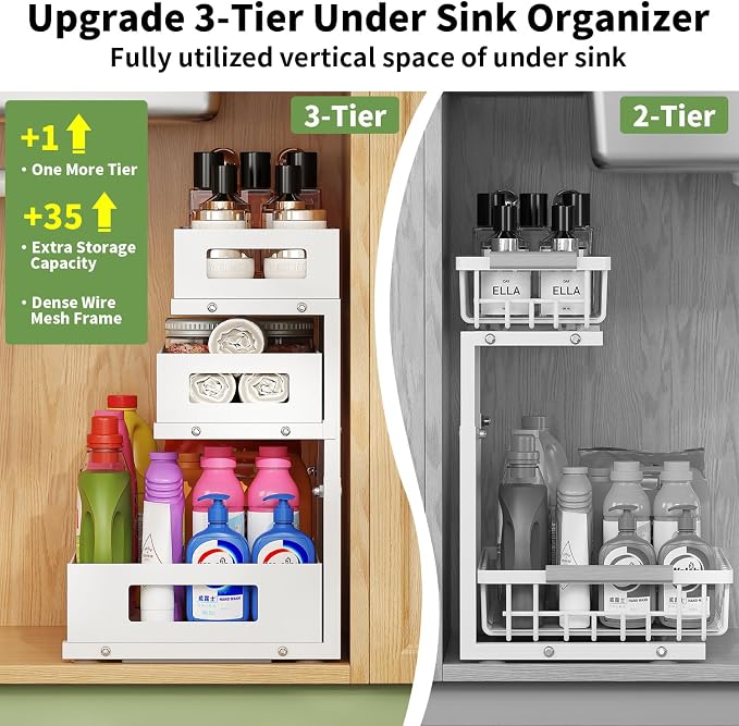 3-Tier Under Sink Organizer,2 Pack Height Adjustable Pull Out Cabinet Organizer Shelf, Thickened Metal Slide out Storage Drawer Rack for Bathroom Laundry Room Kitchen Pantry Organization (White)