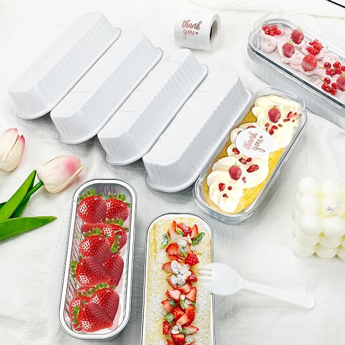 25Pack White Mini Cake Pans with Lids 6.8 Oz Mini Loaf Pans and Spoons and Stickers, Aluminum Foil Pans Tins, Individual Dessert Cups Containers for Sales,Party,Picnics