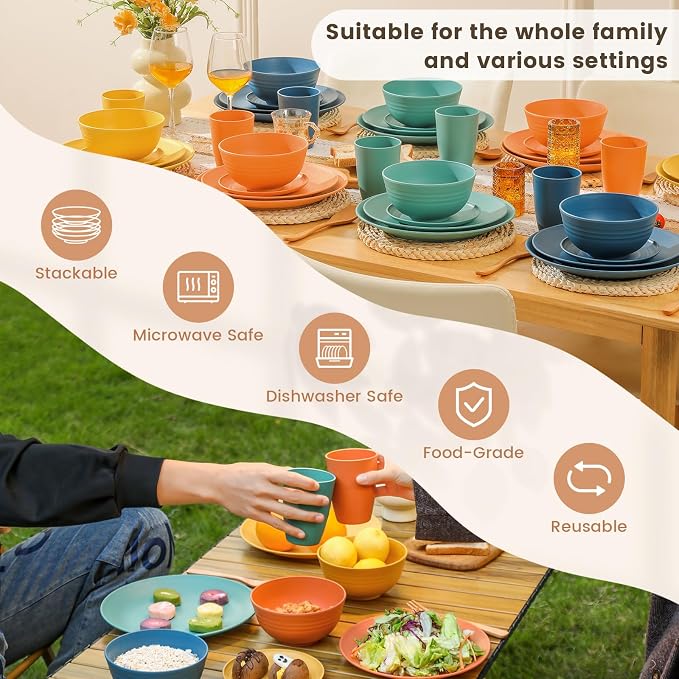 Homienly 40-Piece Premium Wheat Straw Dinnerware Sets, Service for 8, Unbreakable Plates and Bowls Set - Cups Sets, Dinner Plates, Bowls for Kitchen,Dishwasher and Microwave Safe Dishes Set - Multi