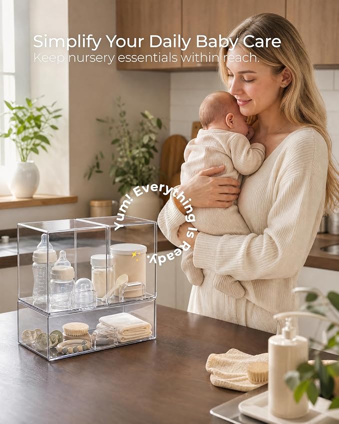 Stackable Storage Drawers Organizer Set of 3 for Bathroom Organizer Storage | Clear Plastic Organizer Bins for Baby Bottle, Kitchen Under Sink, Laundry, Pantry, Beauty, Cabinet, Medicine, Office Supplies