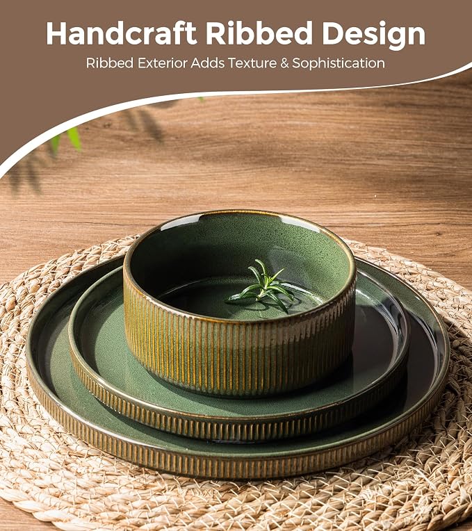 GBHOME Stoneware Dinnerware Sets for 4, 12 Pieces Lightweight Ceramic Ribbed Plates and Bowls Set, Reactive Glaze Stackable Plate Sets, Scratch Resistant Dishes, Microwave & Dishwasher Safe,Sage Green