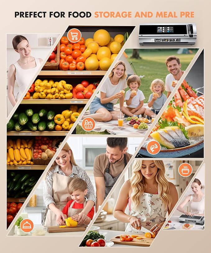 Food Vacuum Sealer Machine, 95KPa Powerful Food Saver with Dry/Moist/External Vacuum Modes, Built-in Cutter & Bag Storage, Single/Double Sealing, 1 Bag & 15 Pre-cut Bags（Silver）