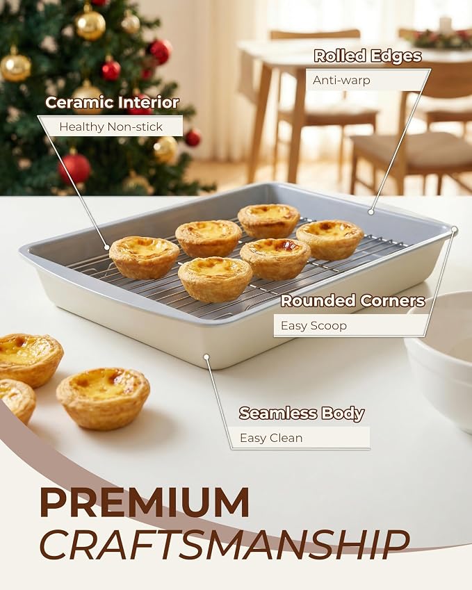 CARTMAN Cake Pan Set with Lids (2 Pans+2 Lids), 9x13 Inch Non-Stick Rectangular Coated Baking Pan, Healthy Toxin-Free Bakeware for Lasagna & Bread, Elegant Two-Tone Aesthetic Design, Cream