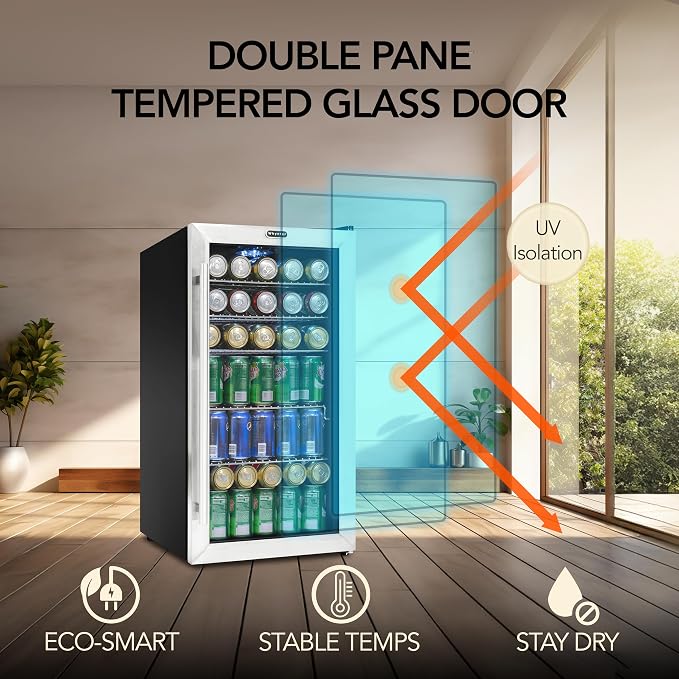 Whynter Beverage Refrigerator with Double-Layer Glass Door, 127-Can 3.1 Cu Ft Freestanding Drink Mini Fridge, BR-130SB, Stainless Steel