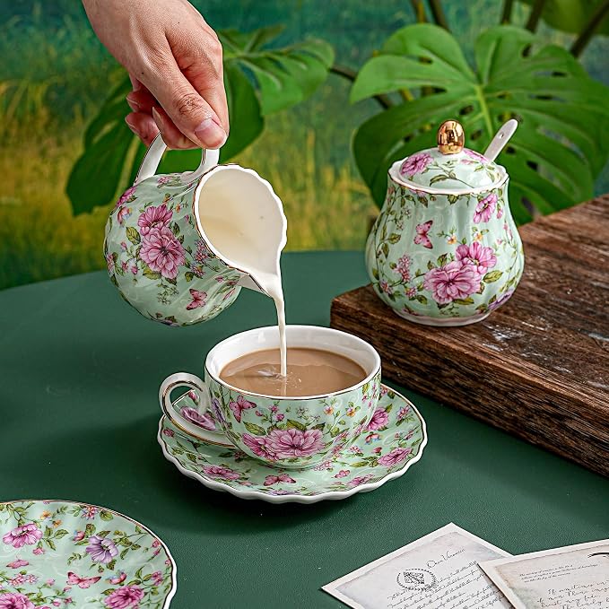 Agyiuns Tea Cup and Saucers, 6.4oz Floral Tea Cups with Gold Trim, Porcelain Teacup, Coffee Cappuccino Espresso Latte Mugs for Party Birthday,Party Cafe Home, Christmas Gift (Green)