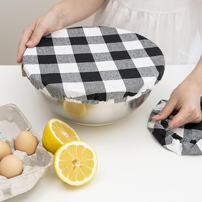 Reusable Cloth Bowl Covers - 100% Cotton Fabric Bowl Covers Set to Cover Fruits, Vegetables and Regulate Moisture - Elastic Closure for Salads, Bread & Leftovers (Black Plaid, 2XL, 2L, 2M, 2S)
