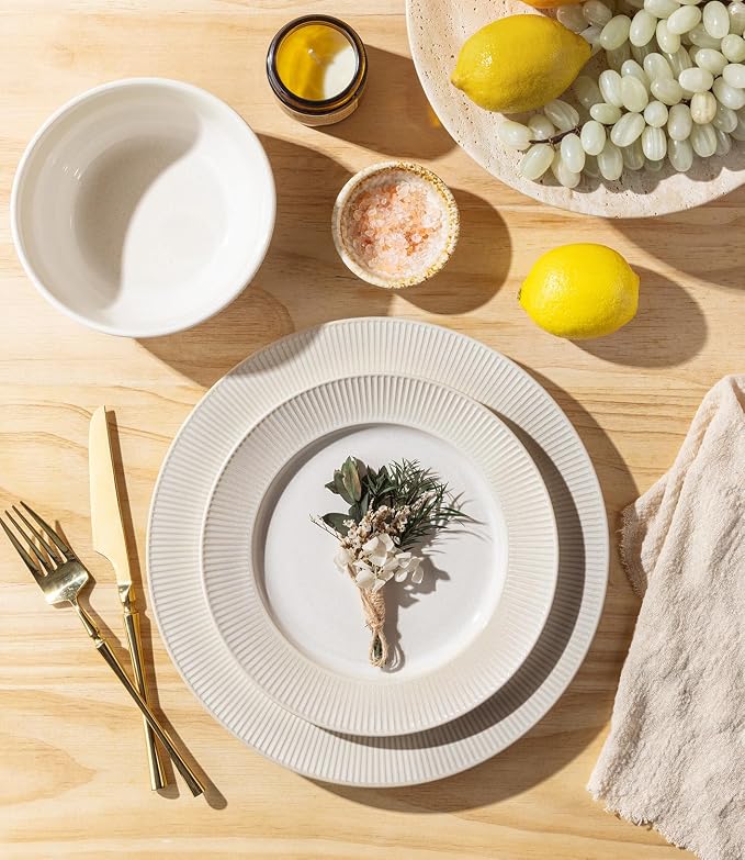 TheTerra Stoneware Dinnerware Sets for 6, 18 Pieces Ceramic Plates and Bowls Sets, Scratch Resistant Embossed Dish Set, Oven, Microwave & Dishwasher Safe, Cream White