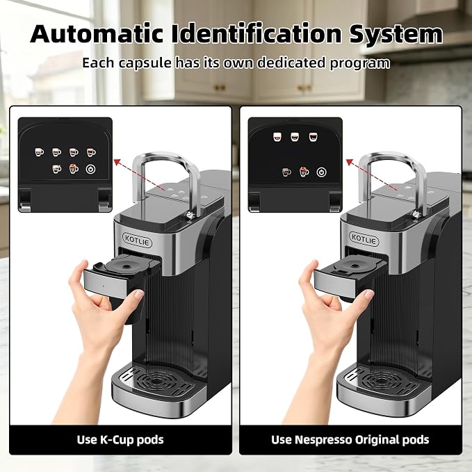 KOTLIE Single Serve Coffee Maker for K*cup/Nes Original/D*G Capsules and Ground Coffee, 50 Oz Removable Reservoir, up to 12oz Cup Sizes,Ideal for Kitchens, apartments, dorm rooms and Offices (CM-827)