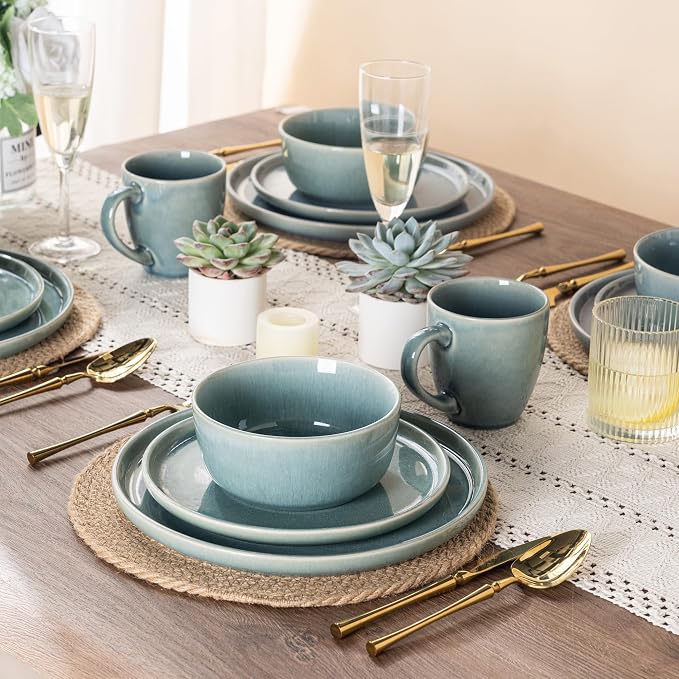 GBHOME Ceramic Dinnerware Sets for 4, 12 Pieces Stoneware Plates and Bowls Sets, Scratch Resistant Dishes, Dishwasher & Microwave Safe, Reactive Glaze-Malachite Green