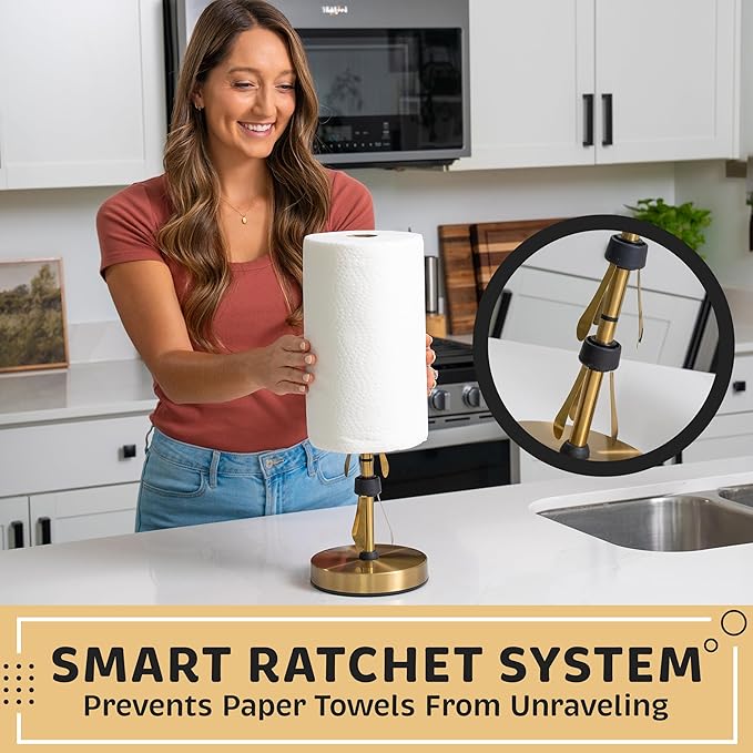 Heavy-Duty Stainless Steel Paper Towel Holder - Easy One-Handed Tear with Suction Cups - Modern Weighted Standing Countertop Dispenser for Kitchen - Holds All Paper Towel Rolls, Gold