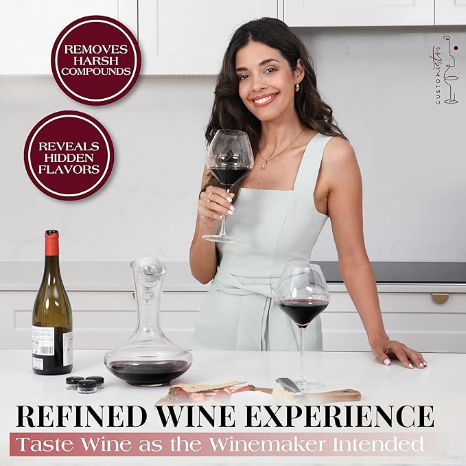 Gusto Nostro Crystal Wine Decanter with Marble Stopper - Premium Hand-Blown Lead-Free Glass Wine Decanter for Red Wines - 750ml Carafe for Wines with Natural Stone Round Stopper - Sleek Slanted Design