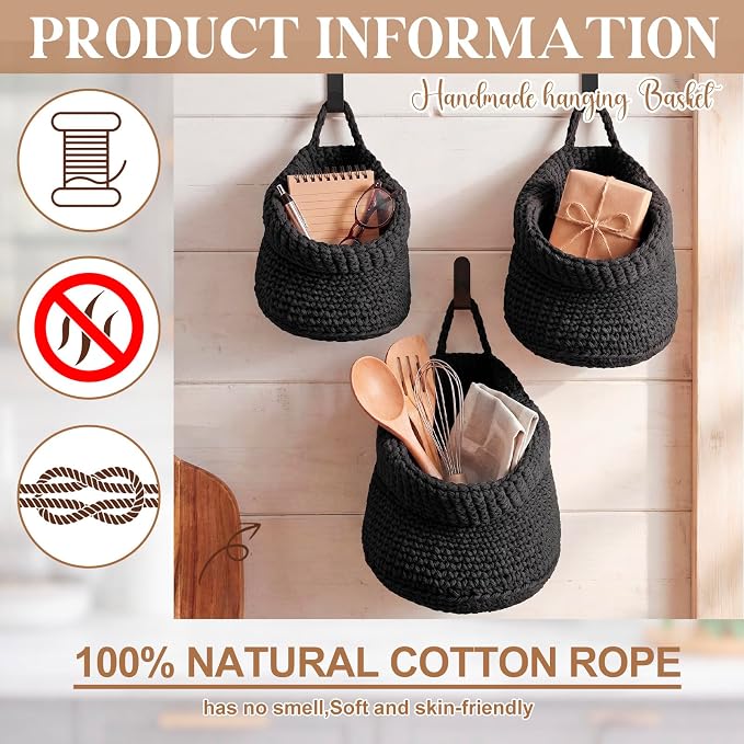 Honeydak Boho Decor Hanging Wall Baskets for Kitchen 3 Pack Teardrop Baskets with Hooks Storage Fruit Onion Vegetable Potato for Home 3 Sizes(Black,Barrel,Cotton Rope)