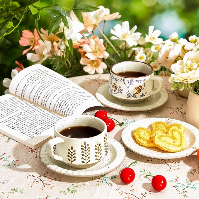 LemonRoad Vintage Tea Cup and Saucer Set, 10oz Porcelain Coffee Mugs with Saucer for Latte Mocha Cappuccino Ceramic Teacups for Housewarming Wedding Gifts Kitchen Table Decor