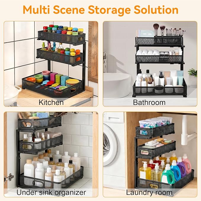 Under Sink Organizer for Bathroom, 3 Tier Adjustable Height Under Sink Storage, Sliding Pull Out Cabinet Organizer Shelf, Metal Multi-Purpose Cabinet Organizer for Kitchen (2 Pack, Black)