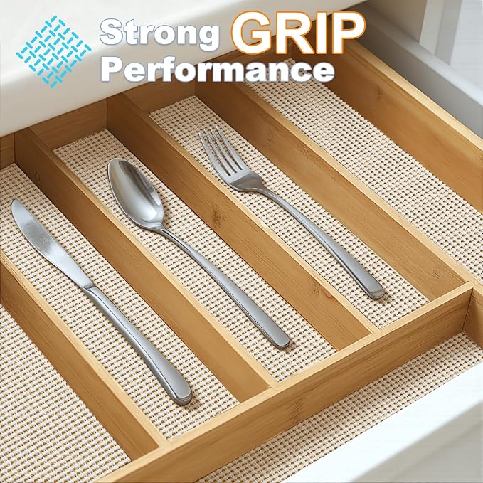 Songrey Non-Adhesive Drawer and Shelf Liner, Non Slip Cabinet Liners, Protect Kitchen Cupboard, Bathroom Drawers, Breathable, Thick Strong Grip mat (12IN x 10FT, Cream)