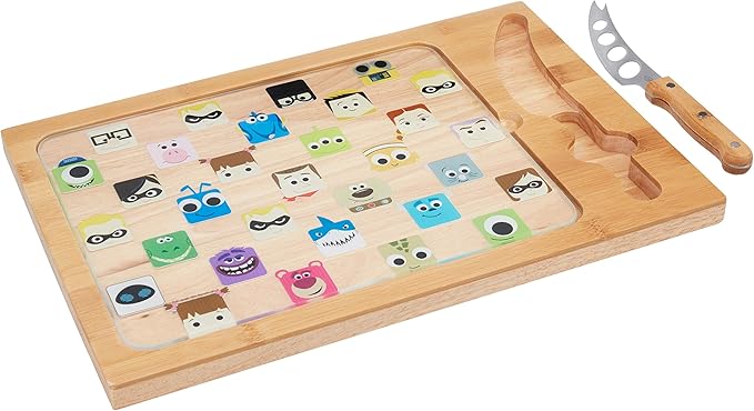 PICNIC TIME Disney Pixar Collection Icon Glass Top Cheese Board and Knife Set, Charcuterie Serving Tray, Removable Tempered Glass, Parawood and Bamboo Design, (Parawood & Bamboo)