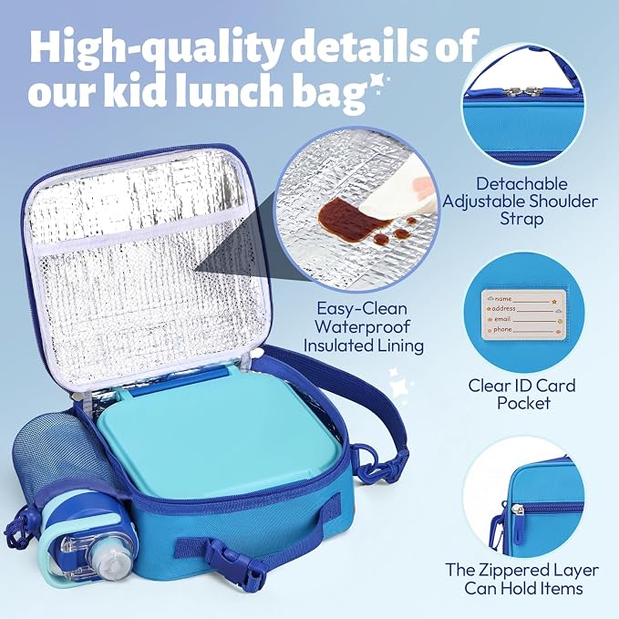Itslife Bento Box for Kids Set, Insulated Food Container,Kids Lunch Box, 7 oz Thermos for Hot Food, 12 oz Thermos Water Bottle, Reusable Insulated Ice Bag & Fork Spoon Utensils Camping Travel Blue