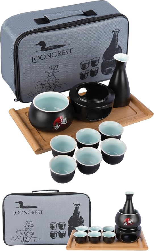 Japanese Sake Cup Set with 6 Ceramic Cups, 1 Ceramic Sake Bottle, 1 Ceramic Sake Warmer, Bamboo Tray, and Cloth Carrying Case | Perfect Hot Sake Set for Authentic Japanese Experience