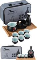 Japanese Sake Cup Set with 6 Ceramic Cups, 1 Ceramic Sake Bottle, 1 Ceramic Sake Warmer, Bamboo Tray, and Cloth Carrying Case | Perfect Hot Sake Set for Authentic Japanese Experience