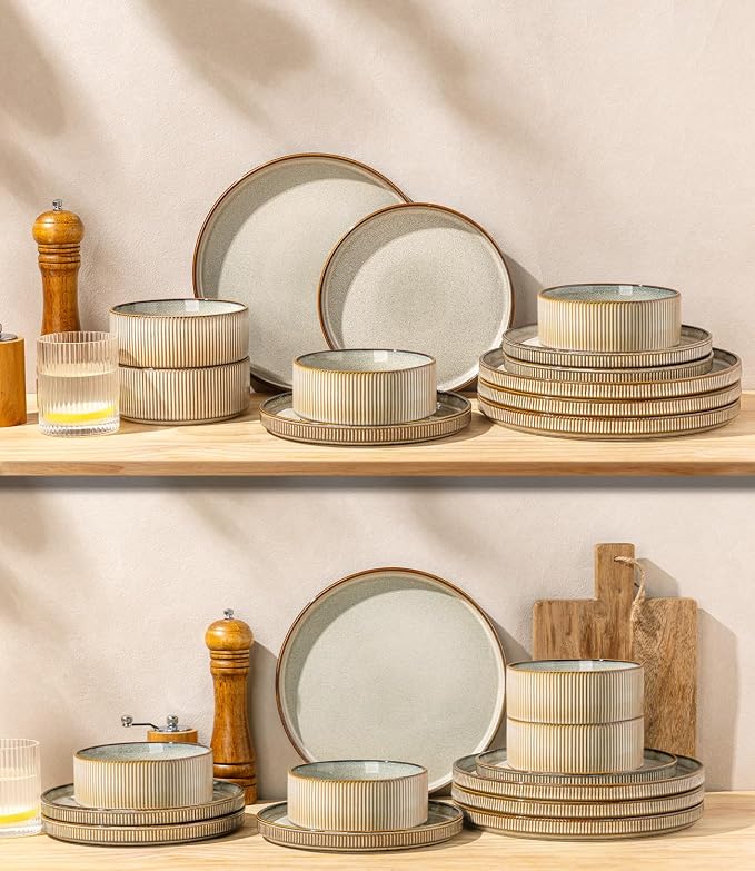 GBHOME 18-Piece Stoneware Dinnerware Set for 6 – Ribbed Ceramic Plates and Bowls, Scratch-Resistant, Microwave & Dishwasher Safe, Reactive Glaze, Reactive Glaze Green Wheat