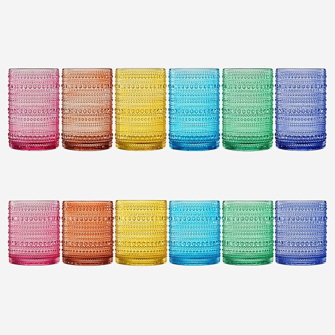 Khen Hobnail Beaded Highball Drinking Tumbler Glasses | Set of 12 | Color, Vintage Bubble Design Whiskey Glassware, Old-Fashioned, Embossed Design for Water, Wine, Cocktail Embossed, Rocks Glass