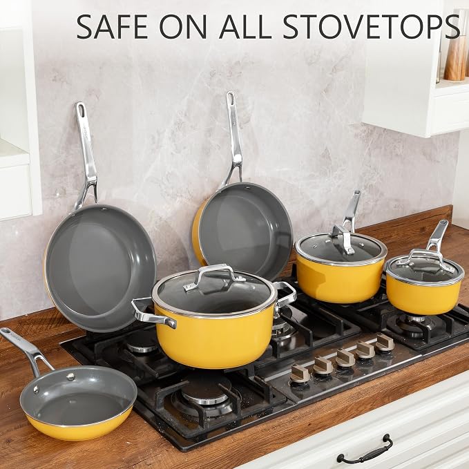10-Piece Yellow Ceramic Nonstick Cookware Set, Pots and Pans with Glass Lids & Anti-Scald Handles, Non-Toxic PFAS Free, Dishwasher & Oven Safe up to 480°F, Induction & All Stoves Ready