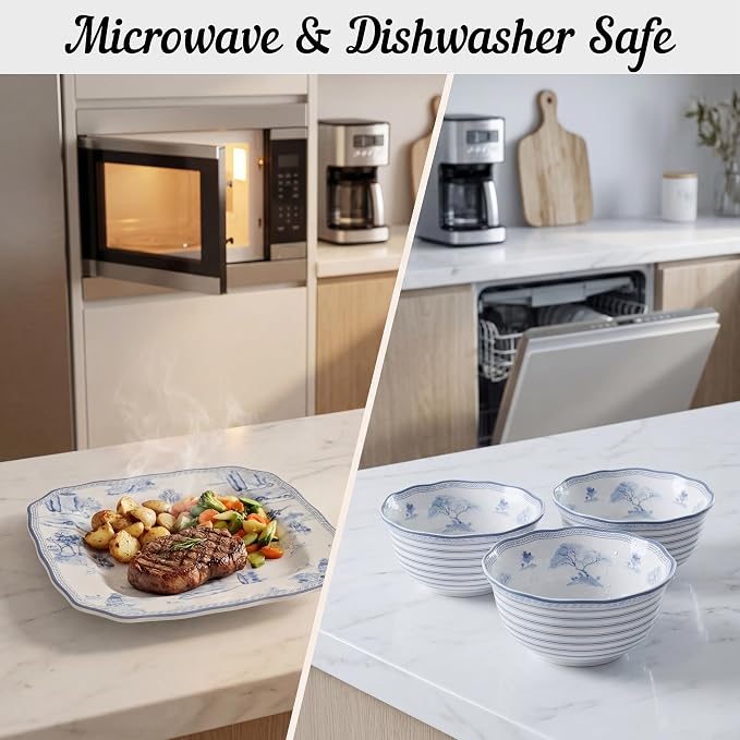 222 Fifth 12-Piece Porcelain Dinnerware Set for 4, Glossy White Plates and Bowls Set with Blue Decal, Elegant Square Ceramic Dish Set, Kitchen Tableware, Microwave & Dishwasher Safe, Scenic Toile