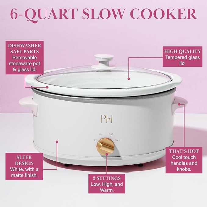 Paris Hilton 6-Quart Manual Slow Cooker, Naturally Nonstick Stoneware Ceramic Insert, Three Settings (Low, High, Warm), Dishwasher Safe Family Size Slow Cooker, White