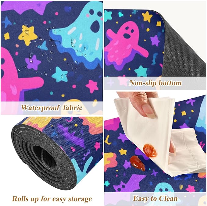 2 in 1 Table Runner Trivet for Hot Pots and Pans Heat Resistant Non Slip Waterproof 39 x 12 Inch Decorative Table Protector for Kitchen Countertop Neon Halloween Ghosts Stars Bats